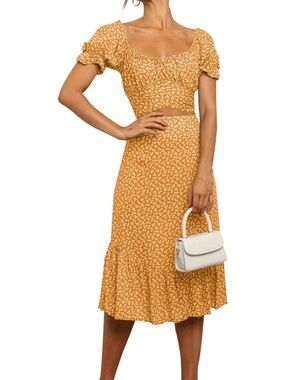 Women’s Mustard Floral Tie-Front Midi Dress